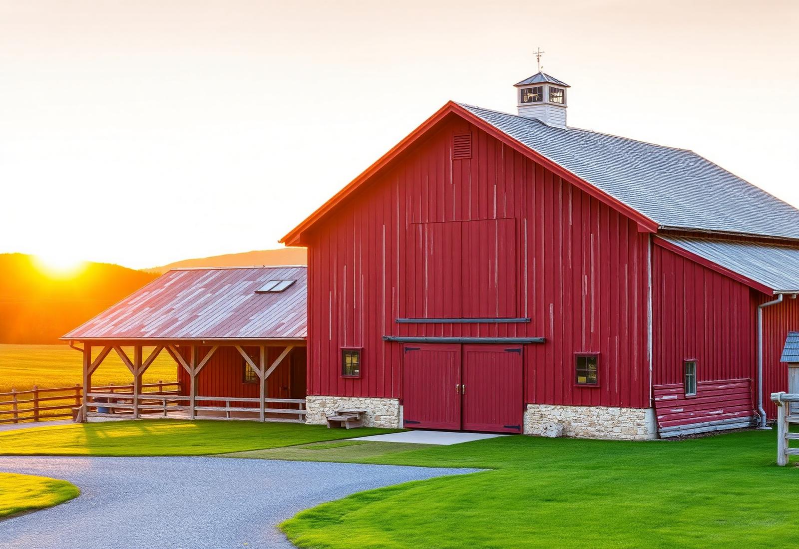 Exterior of the restored red barn in Ephrata, Pennsylvania at sunset
