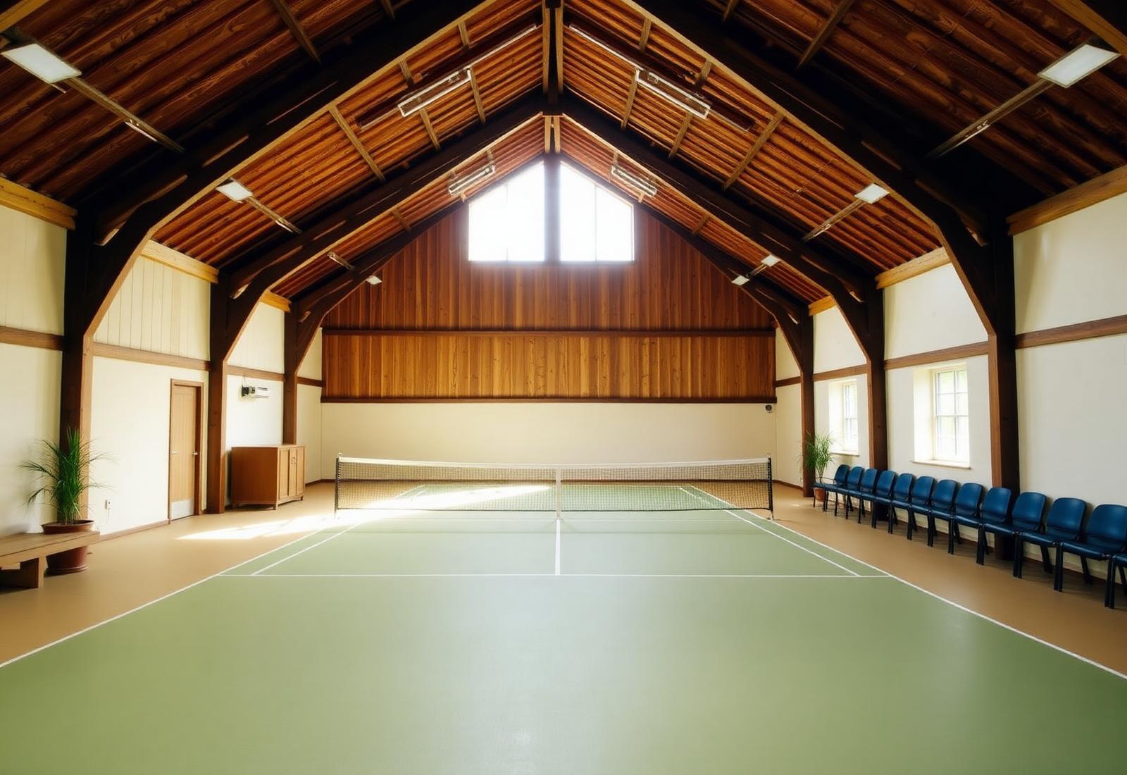 Warm interior of the barn showing indoor pickleball court and beams